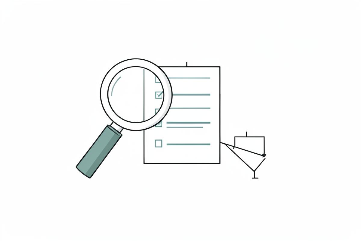 Ilustração editorial de uma lupa sobre uma lista de verificação ao lado de um pequeno diagrama de decisão.